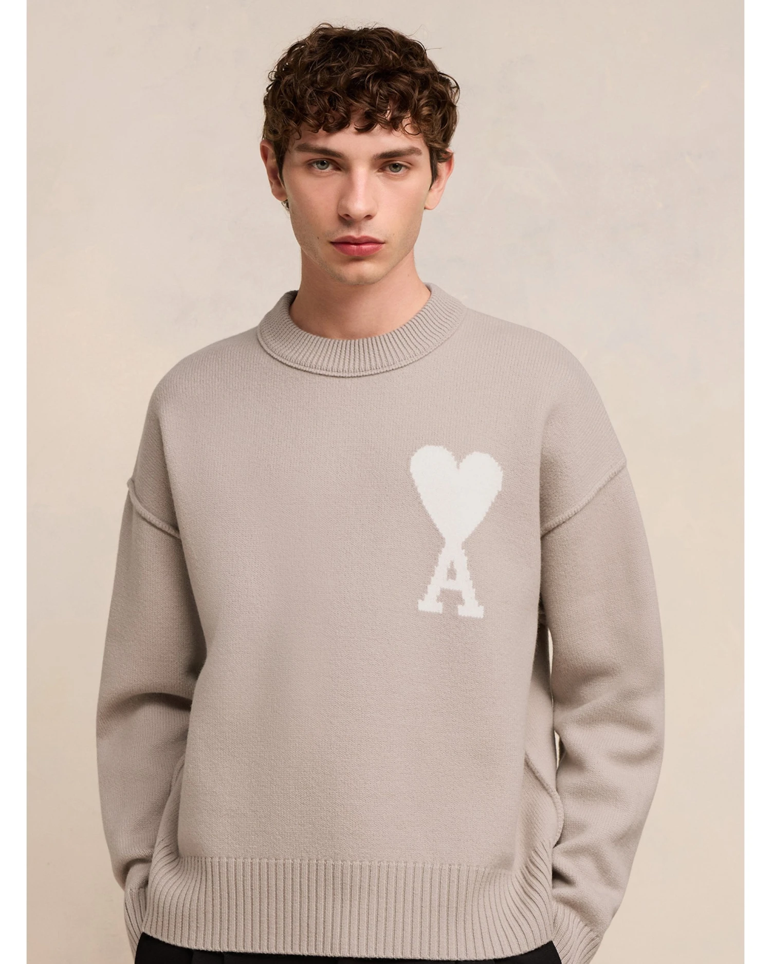 Ami Mens Oversized Heart Logo Jumper Light Beige 4 Ami Mens Oversized Heart Logo Jumper Light Beige - Image 2
