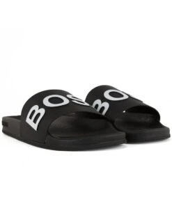 BOSS Mens Black Italian-Made Logo Strap Slides