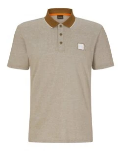 BOSS Mens Cotton Plique Oxford Polo Shirt Open Beige