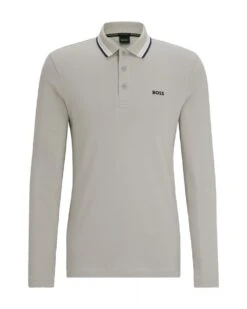 BOSS Mens Cotton Plique Polo Shirt Open Grey