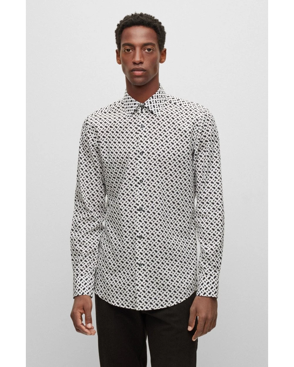 BOSS Mens H-Hank-Kent White/Navy Slim Fit Monogram Print Shirt 4 BOSS Mens H-Hank-Kent White/Navy Slim Fit Monogram Print Shirt - Image 2