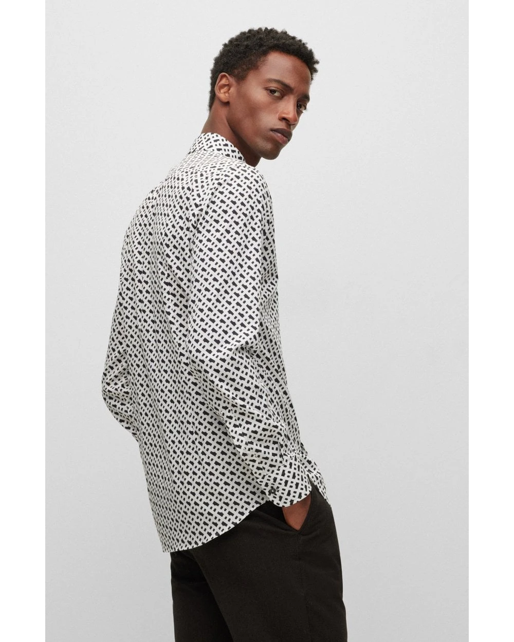 BOSS Mens H-Hank-Kent White/Navy Slim Fit Monogram Print Shirt 5 BOSS Mens H-Hank-Kent White/Navy Slim Fit Monogram Print Shirt - Image 3