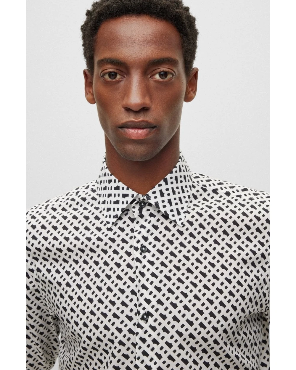 BOSS Mens H-Hank-Kent White/Navy Slim Fit Monogram Print Shirt 7 BOSS Mens H-Hank-Kent White/Navy Slim Fit Monogram Print Shirt - Image 5