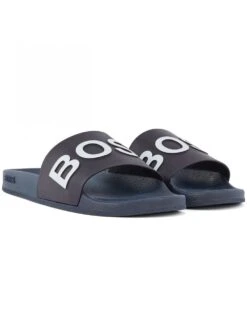 BOSS Mens Navy Logo Strap Slides