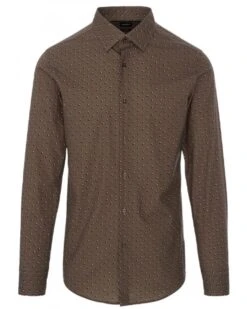 BOSS Mens Printed Stretch Cotton Hank Kent Shirt Open Brown
