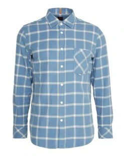 BOSS Mens Riou Light Pastel Blue Checked Flannel Shirt