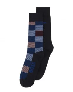 BOSS Mens Rs Stripe Dark Blue 2-Pack Checked/Striped Socks
