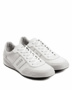 BOSS Mens Saturn Low Suede/Mesh Trainers, White Sneakers