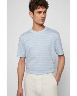 BOSS Mens Tiburt Striped Cotton/Linen T Shirt, Blue Tee -Boss Shop boss mens tiburt striped cotton linen t shirt blue tee p41396 237969 image