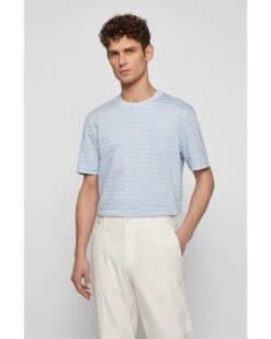 BOSS Mens Tiburt Striped Cotton/Linen T Shirt, Blue Tee -Boss Shop boss mens tiburt striped cotton linen t shirt blue tee p41396 237981 image