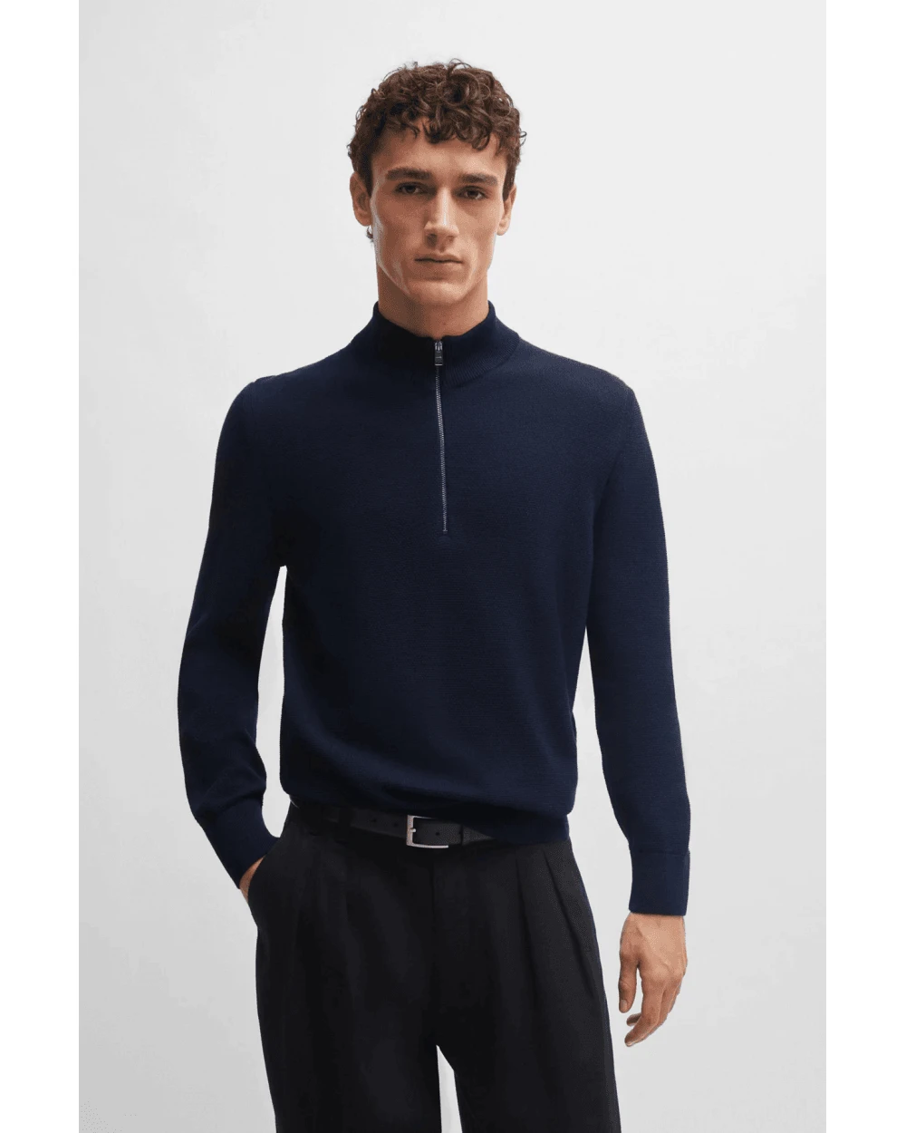 BOSS Mens Zip-Neck Ebrando Knit Jumper Dark Blue 5 BOSS Mens Zip-Neck Ebrando Knit Jumper Dark Blue - Image 3