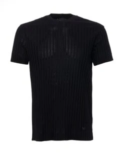 Emporio Armani Mens Embossed Jacquard Striped Jersey T Shirt, Black Tee
