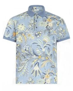 Etro Mens Leaf Print Polo Shirt Light Blue