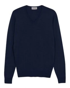 John Smedley Mens Blenheim V-Neck Jumper, Indigo Blue Sweater